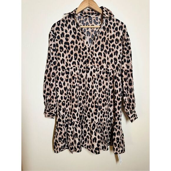 Cupshe Leopard Animal Print Tan and Black Flounce Mini Dress Size XS New - Picture 2 of 4